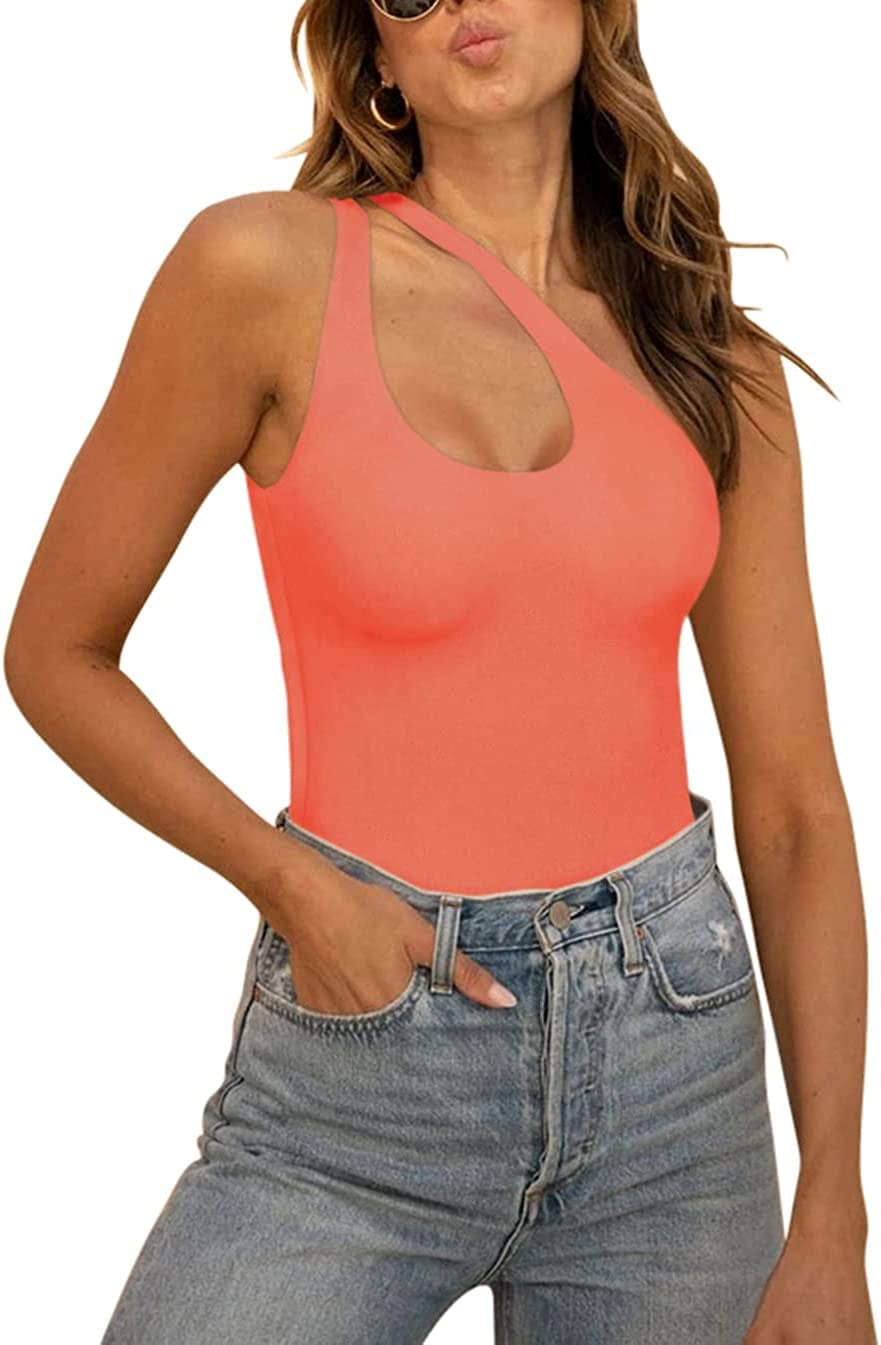 REORIA Women’S Sexy One Shoulder Cutout Front Backless Sleeveless Tank Top Bodysuits Neon Pink / Large