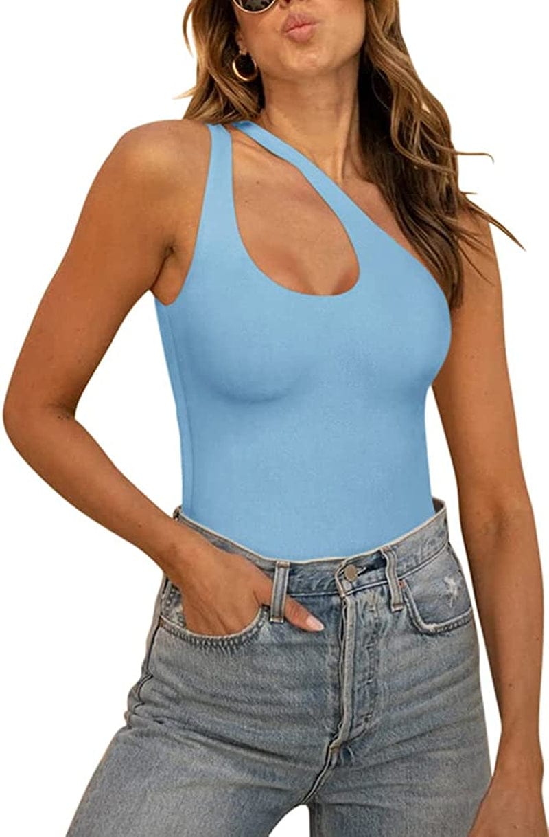 REORIA Women’S Sexy One Shoulder Cutout Front Backless Sleeveless Tank Top Bodysuits Sky Blue / Large