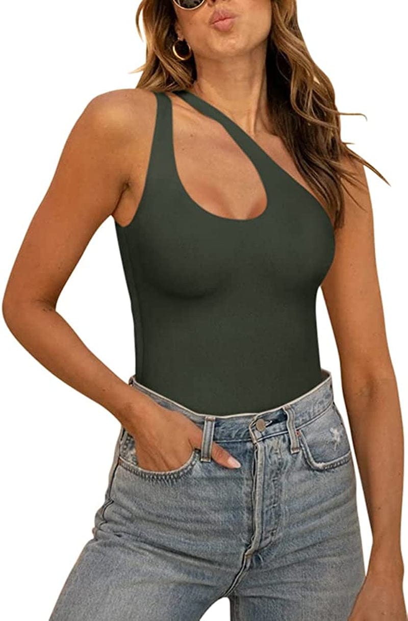REORIA Women’S Sexy One Shoulder Cutout Front Backless Sleeveless Tank Top Bodysuits Grey Green / Large