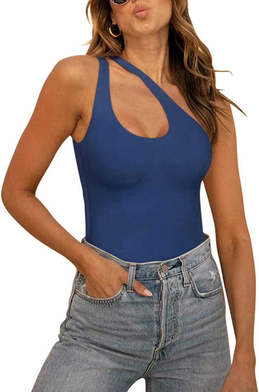 REORIA Women’S Sexy One Shoulder Cutout Front Backless Sleeveless Tank Top Bodysuits 03-dark Blue / Large