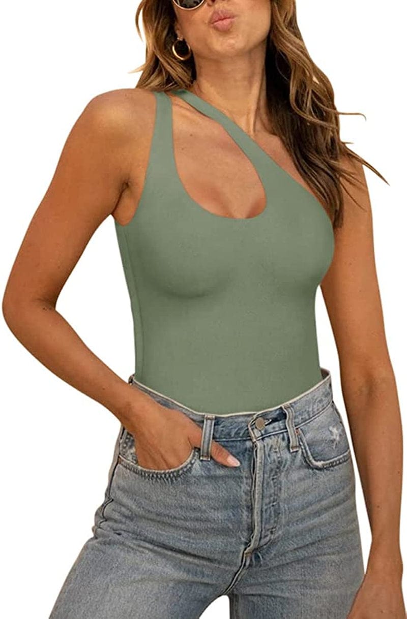 REORIA Women’S Sexy One Shoulder Cutout Front Backless Sleeveless Tank Top Bodysuits Dark Green / Large