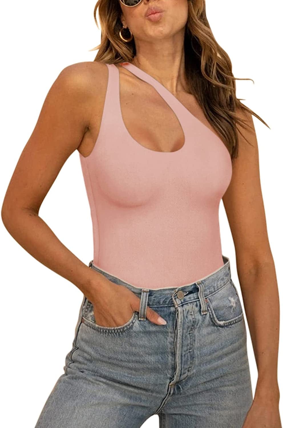 REORIA Women’S Sexy One Shoulder Cutout Front Backless Sleeveless Tank Top Bodysuits Pink / Large