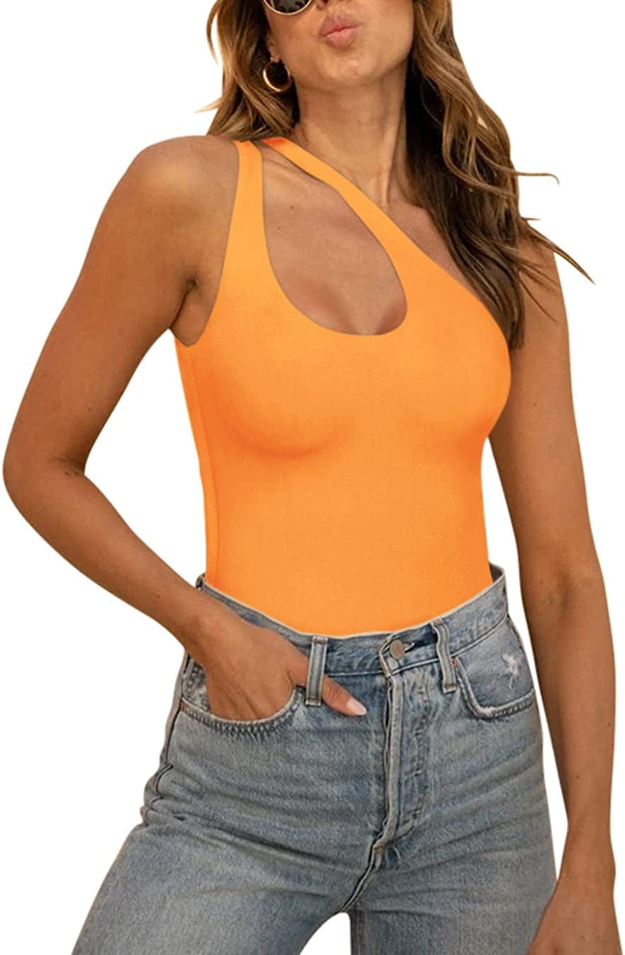REORIA Women’S Sexy One Shoulder Cutout Front Backless Sleeveless Tank Top Bodysuits Orange / Large