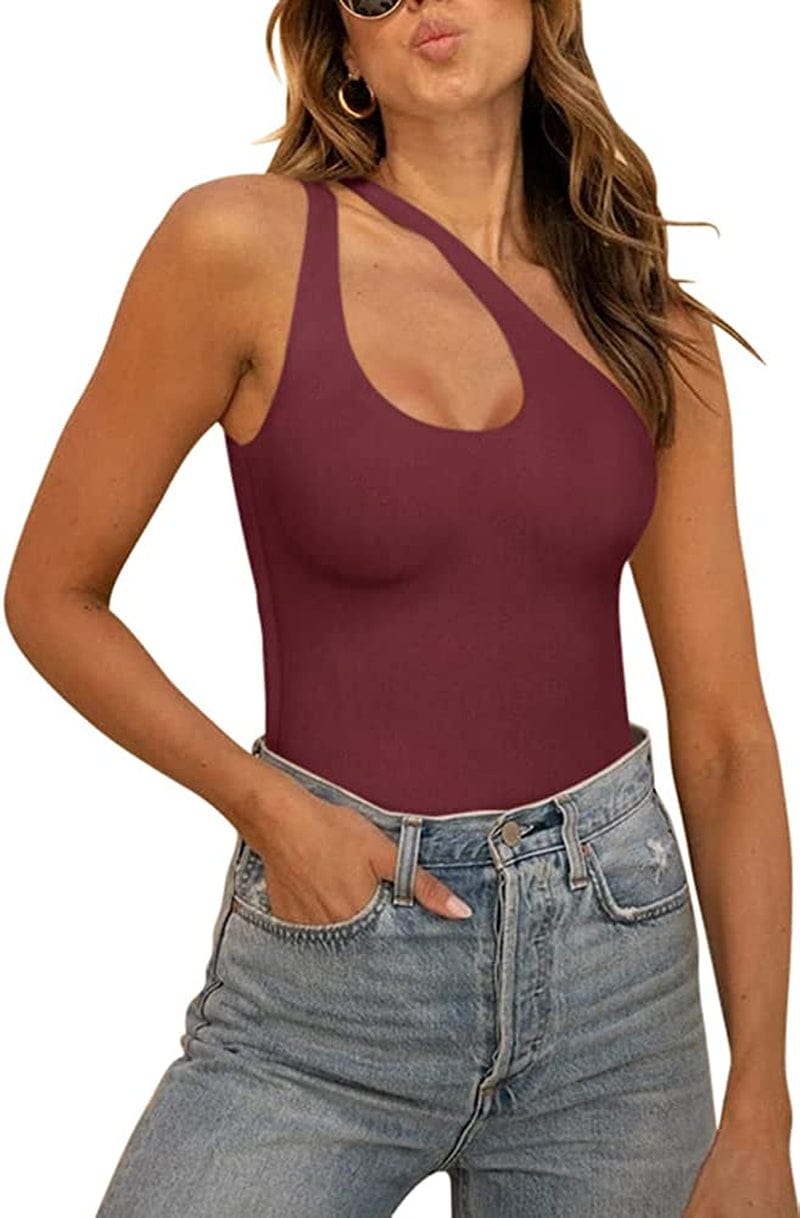 REORIA Women’S Sexy One Shoulder Cutout Front Backless Sleeveless Tank Top Bodysuits Burgundy / Large