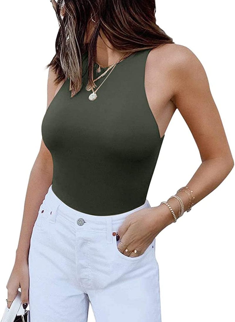 REORIA Women’S Sexy Sleeveless Racer Back Halter Neck Bodysuit Tank Tops Grey Green / Medium