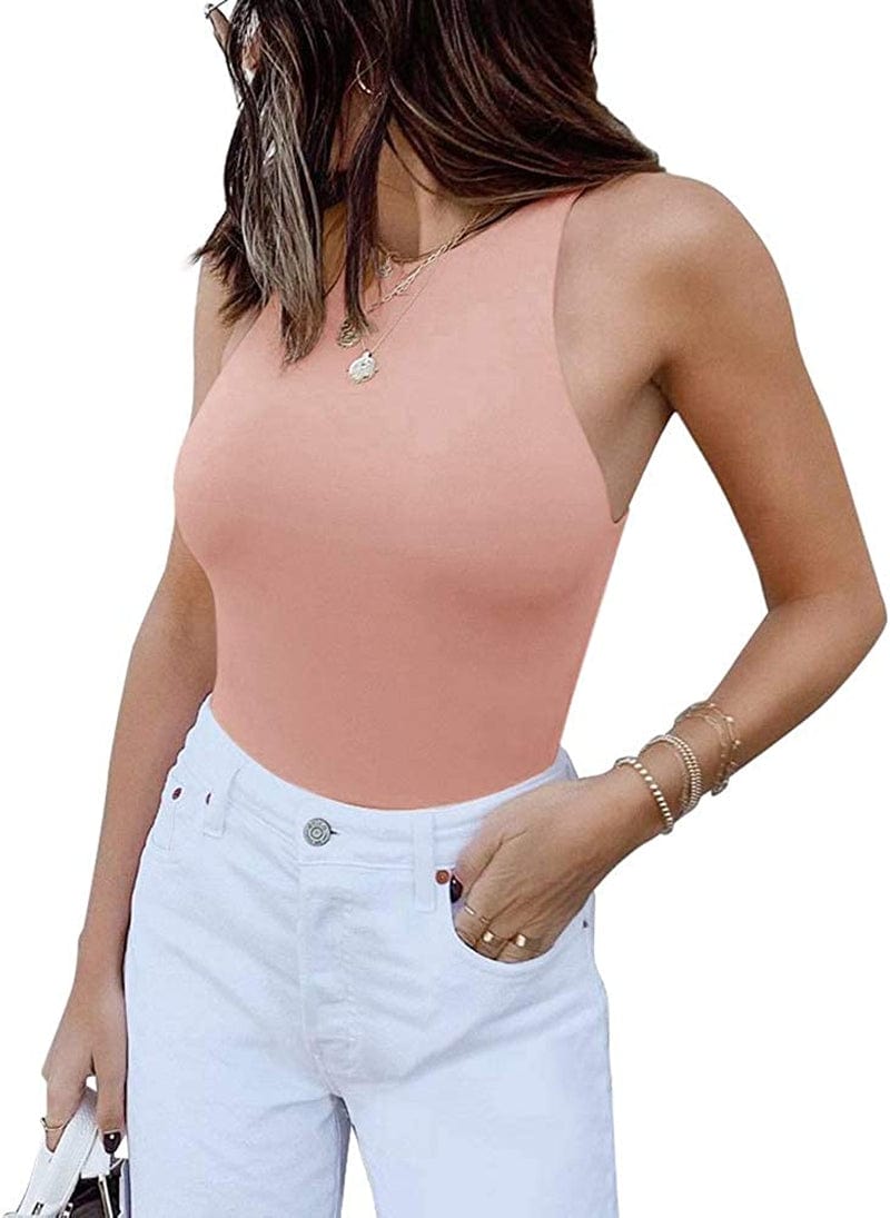 REORIA Women’S Sexy Sleeveless Racer Back Halter Neck Bodysuit Tank Tops Pink / Medium