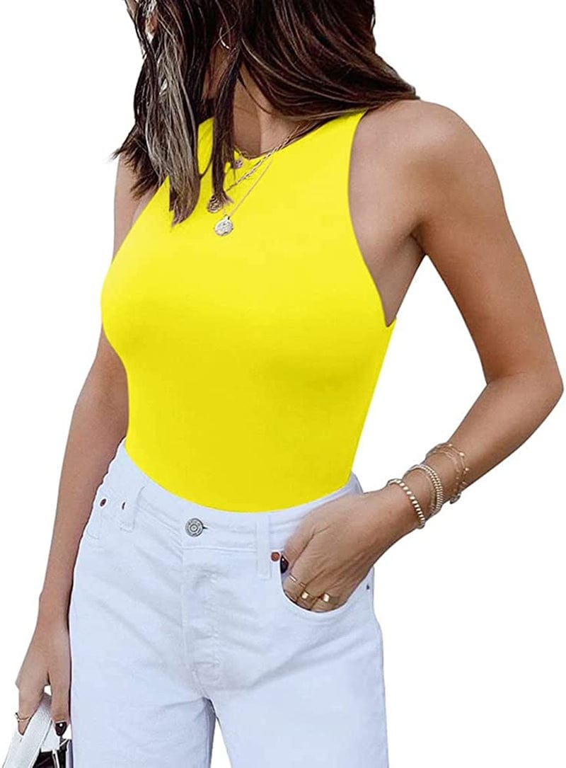 REORIA Women’S Sexy Sleeveless Racer Back Halter Neck Bodysuit Tank Tops Yellow / Medium