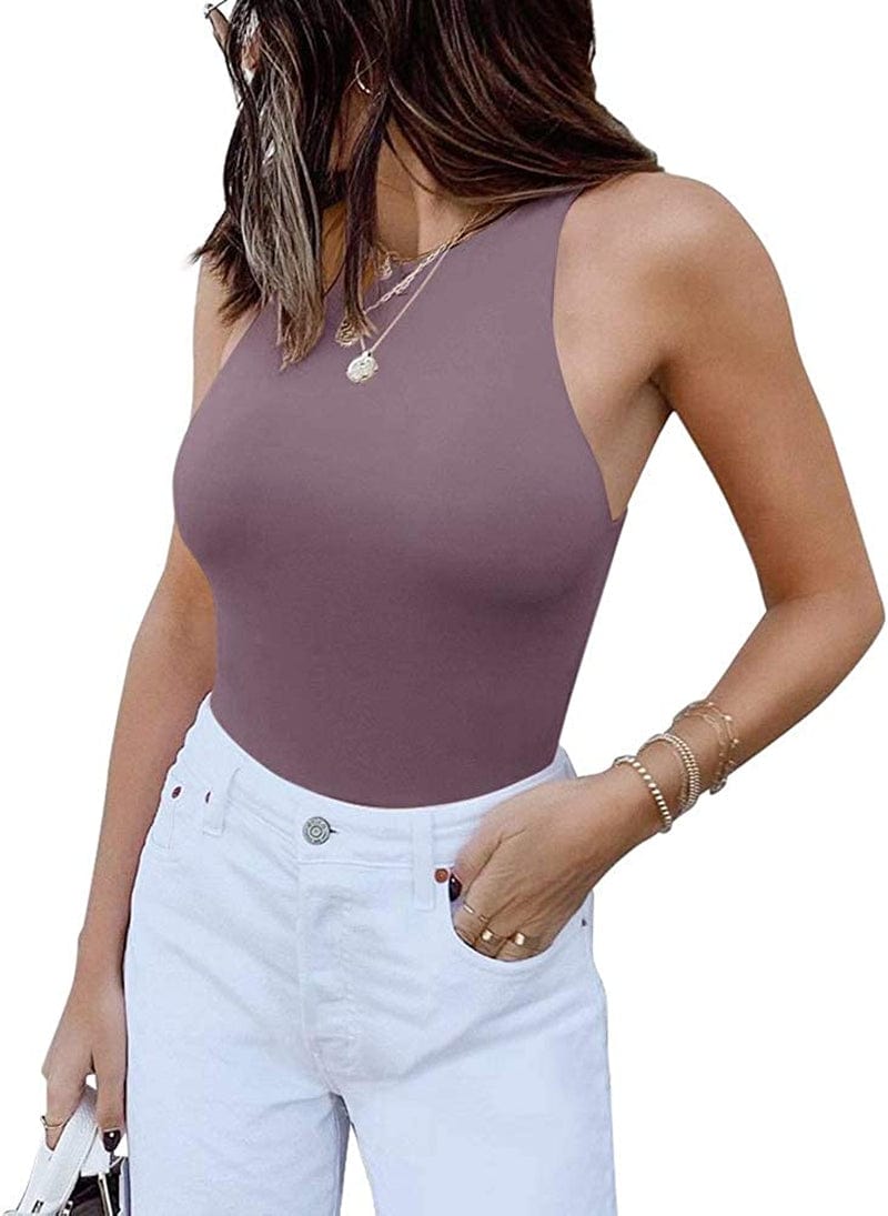 REORIA Women’S Sexy Sleeveless Racer Back Halter Neck Bodysuit Tank Tops Grey Purple / Medium