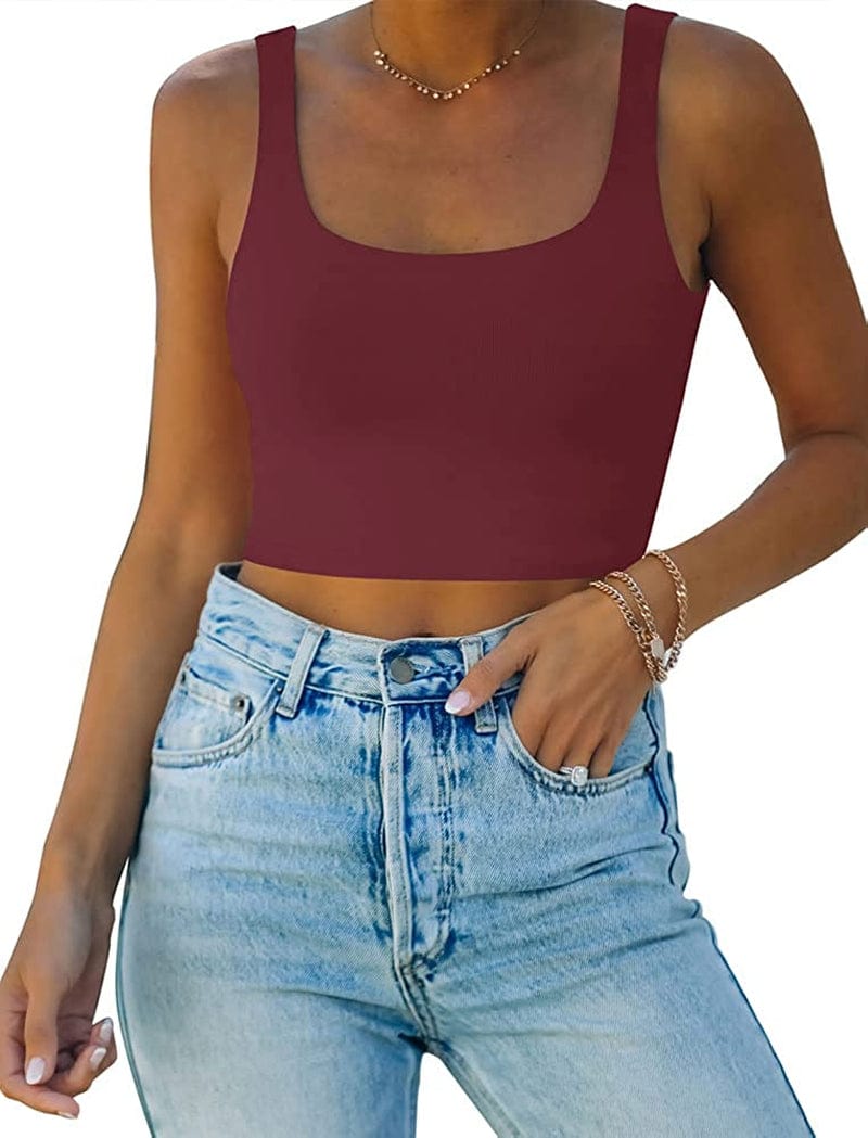 REORIA Women’S Sexy Square Neck Double Lined Seamless Sleeveless Cropped Tank Yoga Crop Tops Burgundy / Large