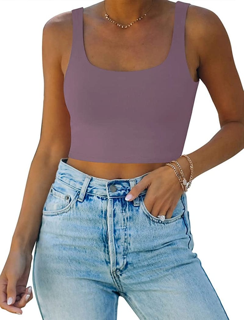 REORIA Women’S Sexy Square Neck Double Lined Seamless Sleeveless Cropped Tank Yoga Crop Tops Grey Purple / Large
