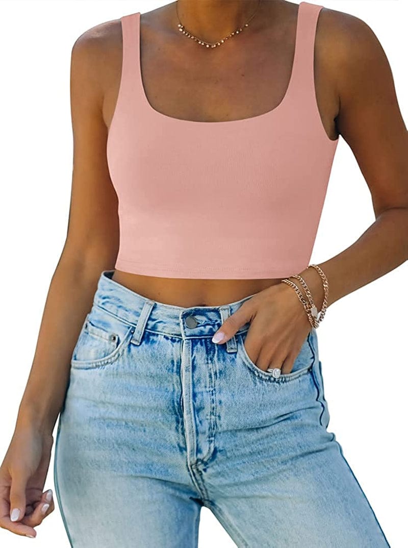 REORIA Women’S Sexy Square Neck Double Lined Seamless Sleeveless Cropped Tank Yoga Crop Tops Pink / Large