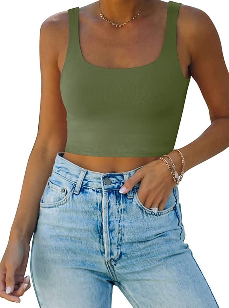 REORIA Women’S Sexy Square Neck Double Lined Seamless Sleeveless Cropped Tank Yoga Crop Tops Olive Green / Large