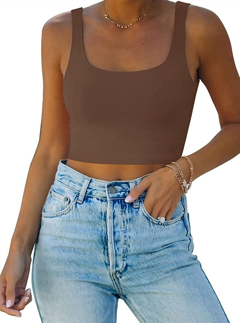 REORIA Women’S Sexy Square Neck Double Lined Seamless Sleeveless Cropped Tank Yoga Crop Tops Coffee / Large