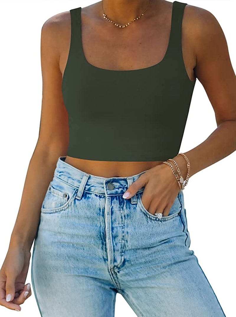 REORIA Women’S Sexy Square Neck Double Lined Seamless Sleeveless Cropped Tank Yoga Crop Tops Grey / Large