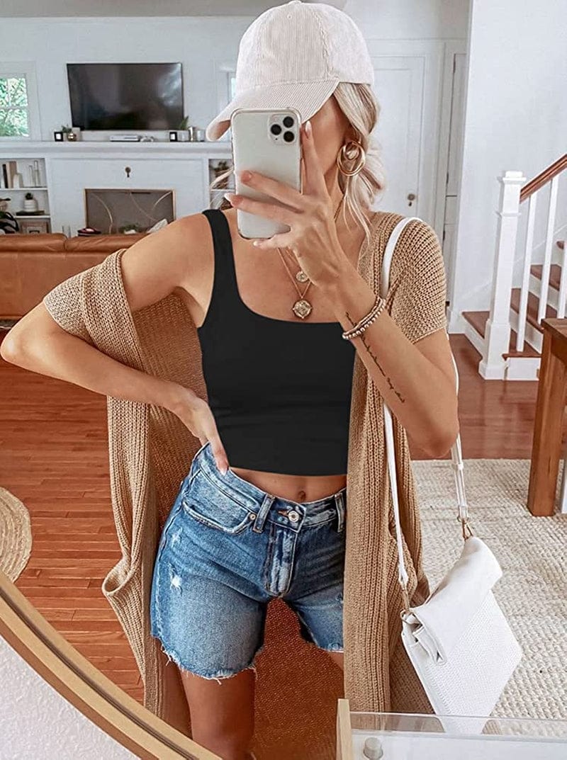 REORIA Women’S Sexy Square Neck Double Lined Seamless Sleeveless Cropped Tank Yoga Crop Tops