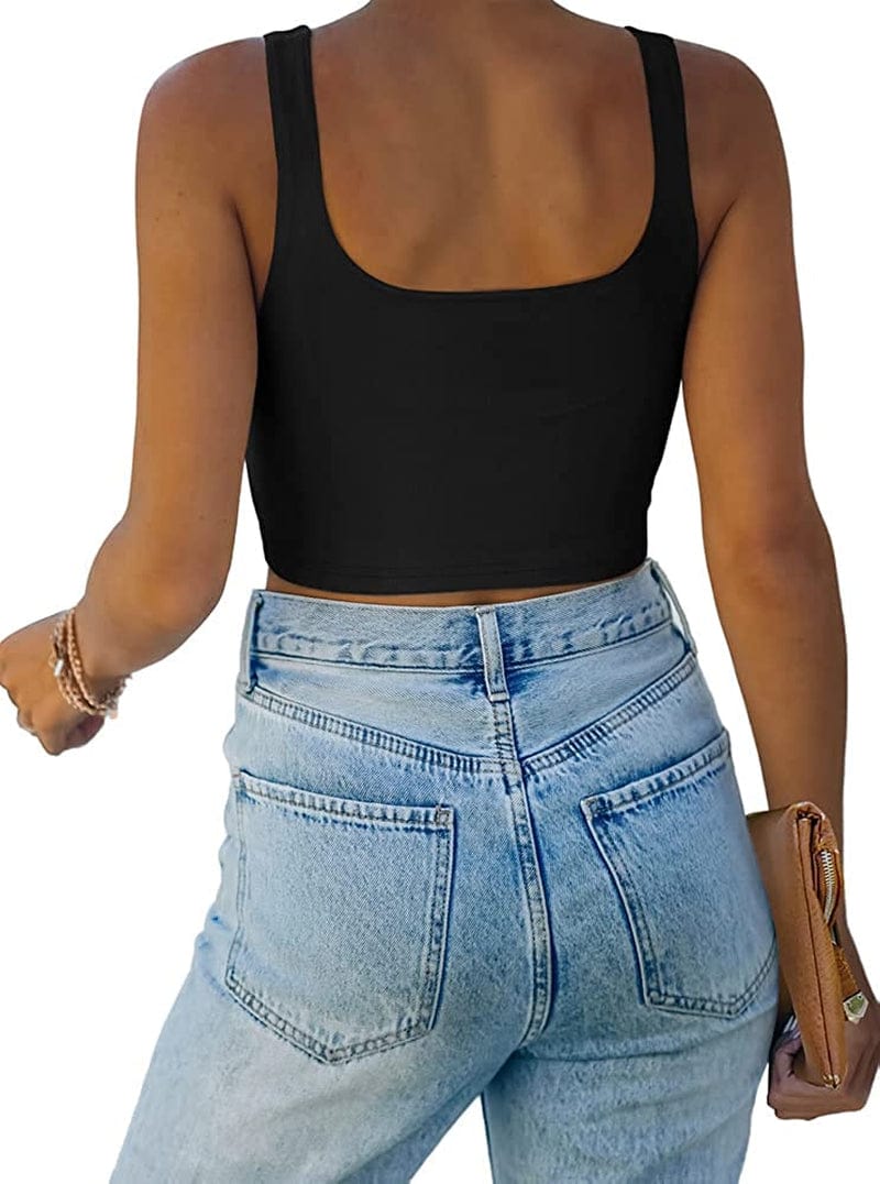 REORIA Women’S Sexy Square Neck Double Lined Seamless Sleeveless Cropped Tank Yoga Crop Tops