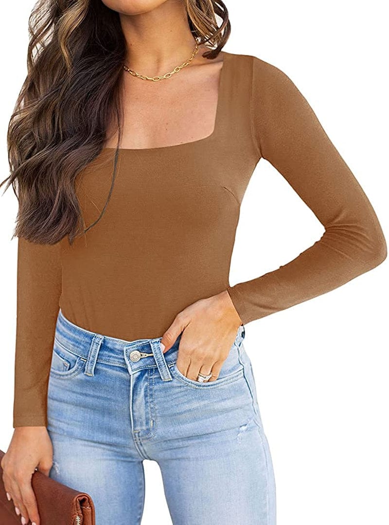 REORIA Womens Sexy Square Neck Double Lined Long Sleeve Bodysuit Tops Jumpsuits Brown / X-Large