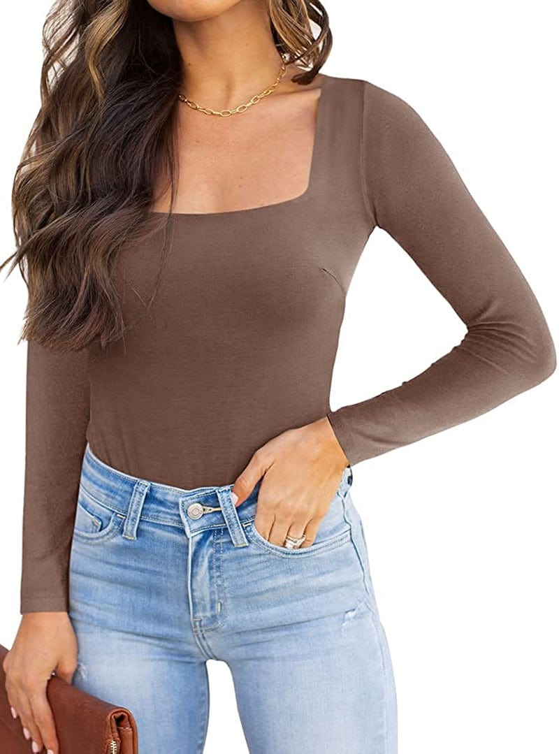 REORIA Womens Sexy Square Neck Double Lined Long Sleeve Bodysuit Tops Jumpsuits Coffee / X-Large