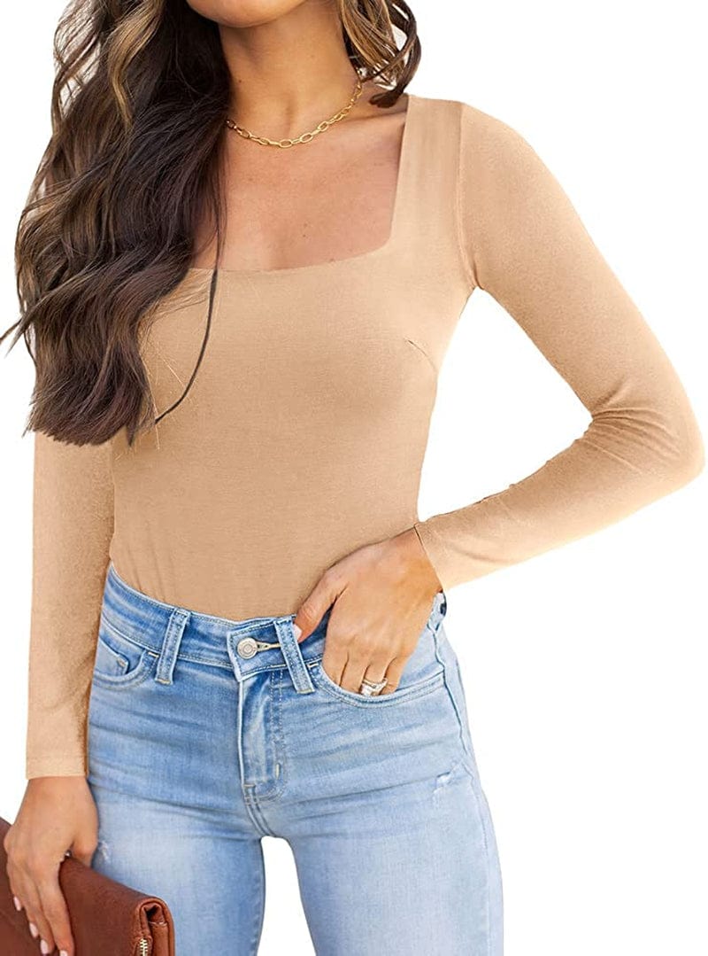 REORIA Womens Sexy Square Neck Double Lined Long Sleeve Bodysuit Tops Jumpsuits Nude / X-Large