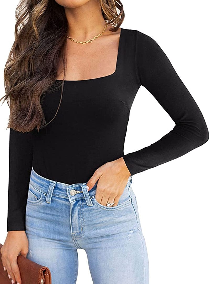 REORIA Womens Sexy Square Neck Double Lined Long Sleeve Bodysuit Tops Jumpsuits Black / X-Large