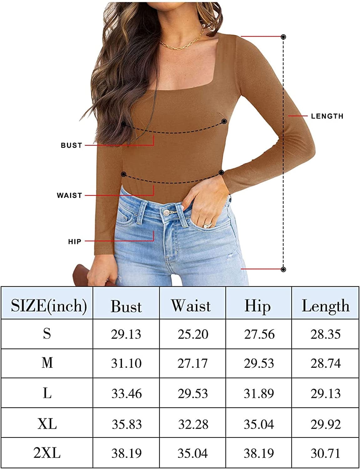 REORIA Womens Sexy Square Neck Double Lined Long Sleeve Bodysuit Tops Jumpsuits