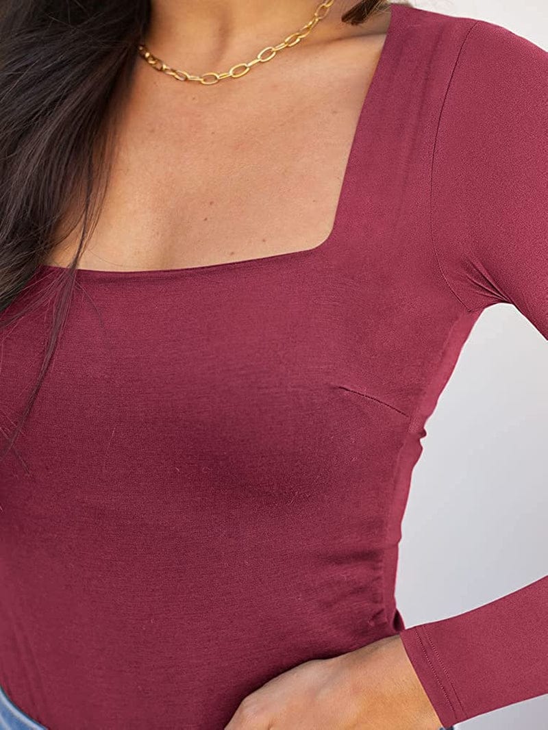 REORIA Womens Sexy Square Neck Double Lined Long Sleeve Bodysuit Tops Jumpsuits