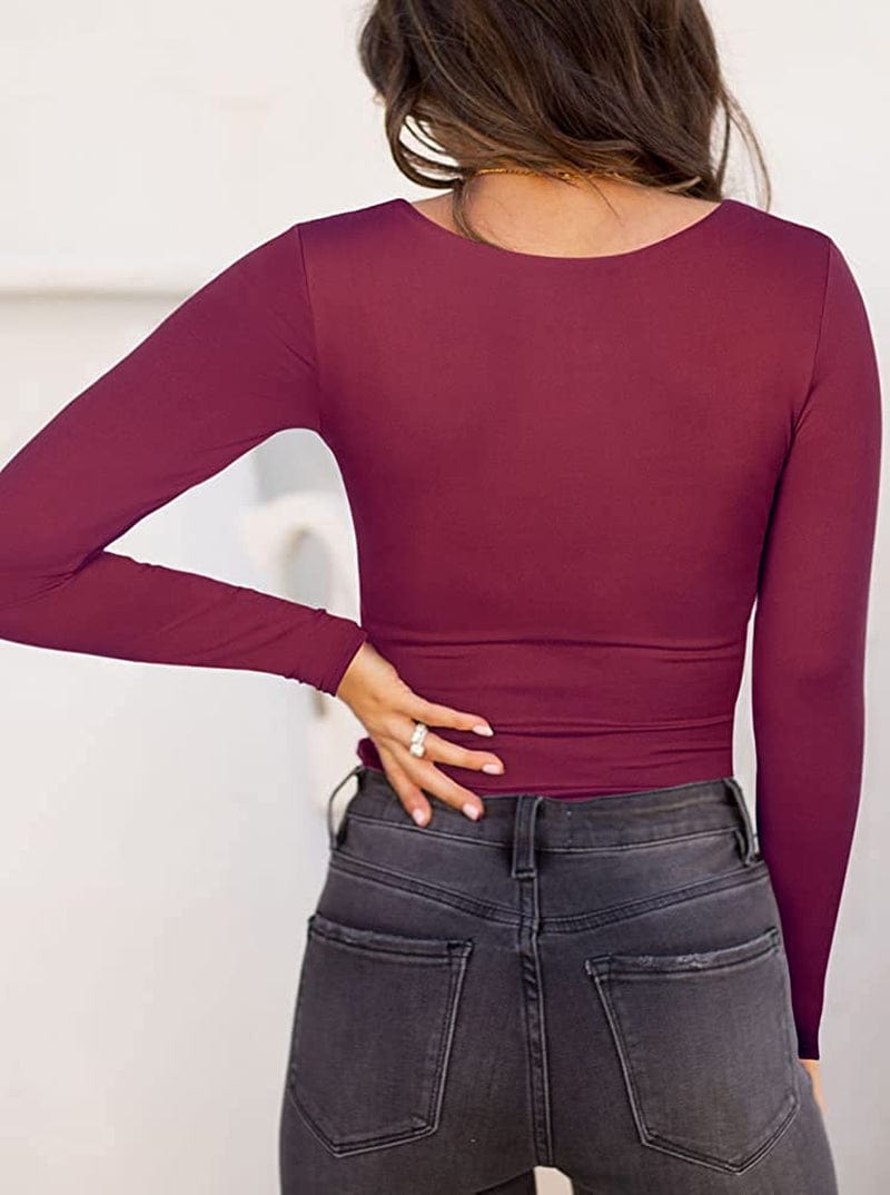 REORIA Womens Sexy Square Neck Double Lined Long Sleeve Bodysuit Tops Jumpsuits