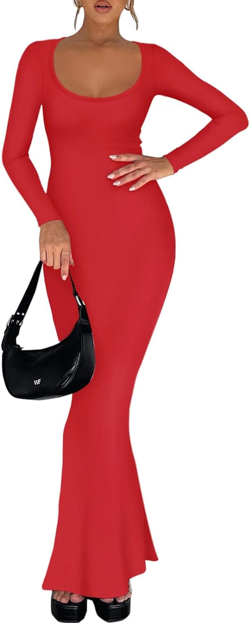 REORIA Womens Sexy Square Neck Long Sleeve Soft Lounge Long Dress Fall Casual Ribbed Bodycon Maxi Dresses