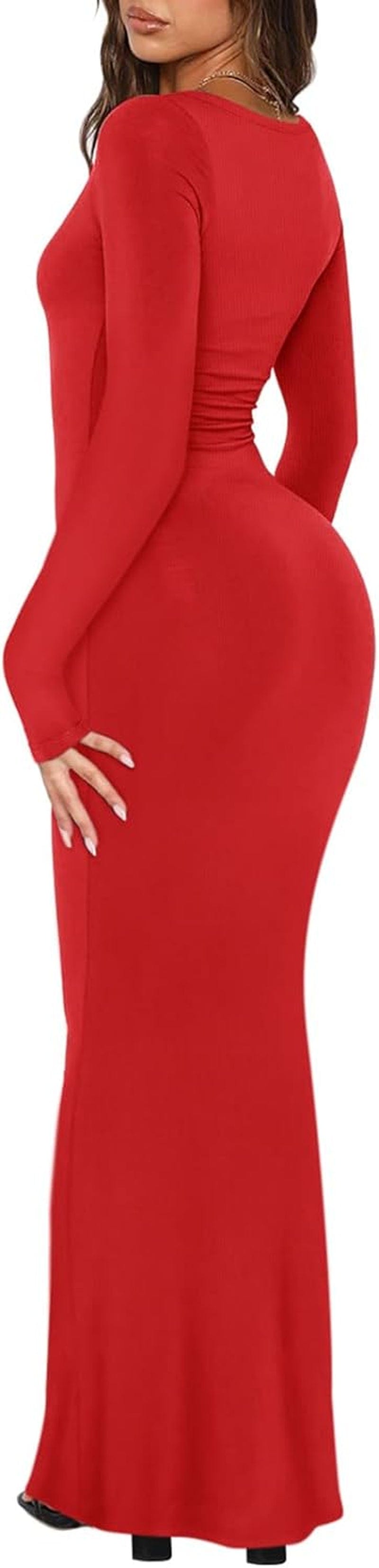 REORIA Womens Sexy Square Neck Long Sleeve Soft Lounge Long Dress Fall Casual Ribbed Bodycon Maxi Dresses