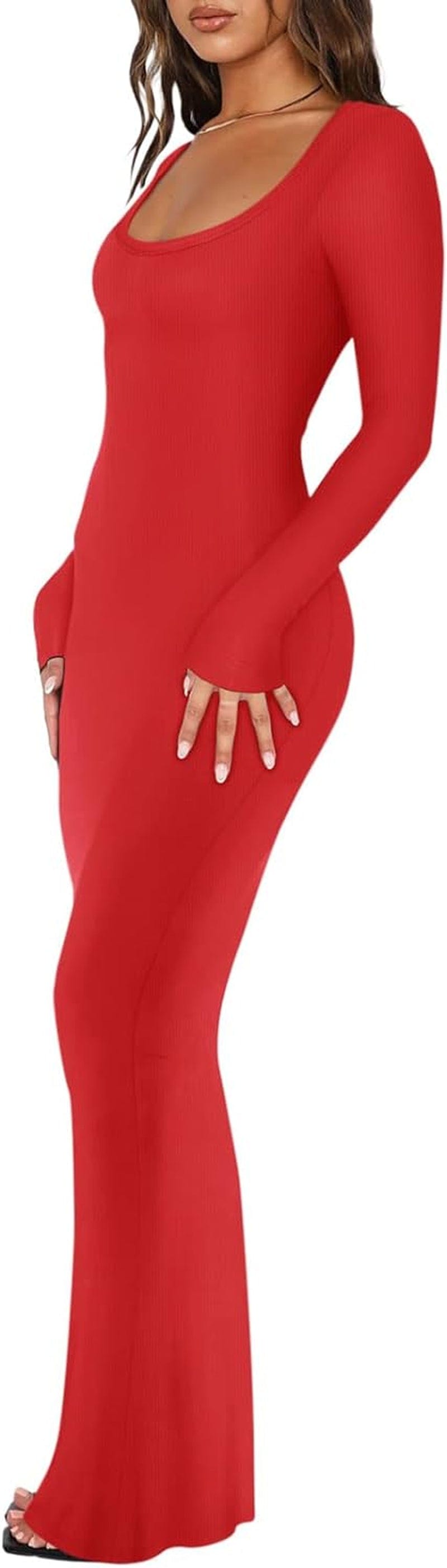 REORIA Womens Sexy Square Neck Long Sleeve Soft Lounge Long Dress Fall Casual Ribbed Bodycon Maxi Dresses