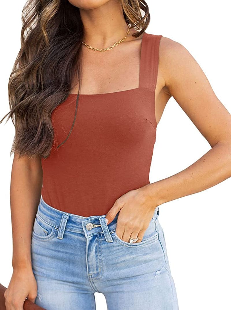 REORIA Womens Sexy Square Neck Sleeveless Tank Tops Bodysuits Clubwear Rusty Red / XX-Large