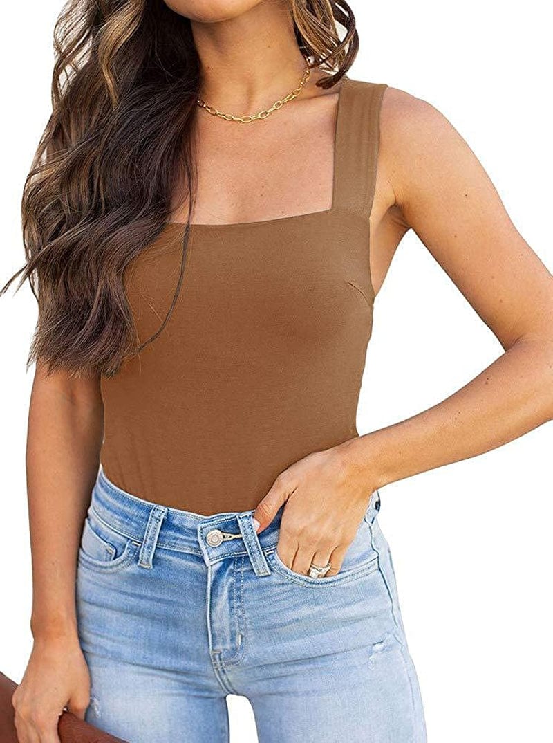 REORIA Womens Sexy Square Neck Sleeveless Tank Tops Bodysuits Clubwear 02-brown / XX-Large