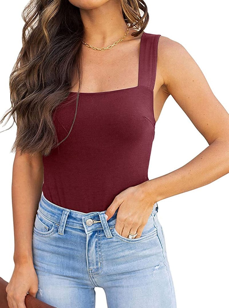REORIA Womens Sexy Square Neck Sleeveless Tank Tops Bodysuits Clubwear Burgundy / XX-Large