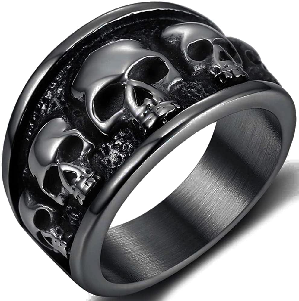 Retro Vintage Stainless Steel Gothic Death Skull Skeleton Cocktail Party Biker Statement Halloween Ring Black / 8