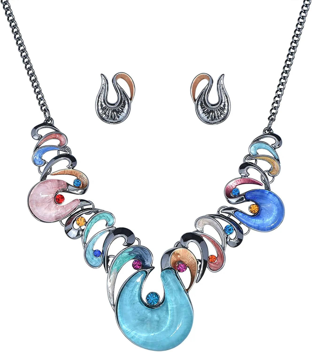 Retro Women'S Crystal Floral Petal Leaf Chunky Statement Necklace and Earrings Set Party Jewelry SeaGreen Flower