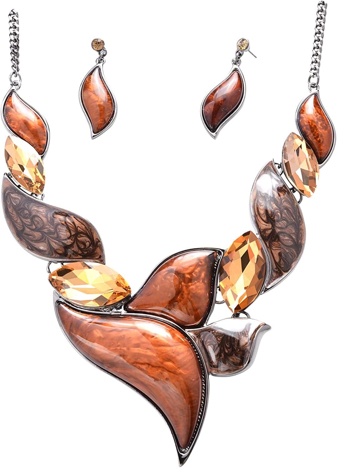Retro Women'S Crystal Floral Petal Leaf Chunky Statement Necklace and Earrings Set Party Jewelry Brown
