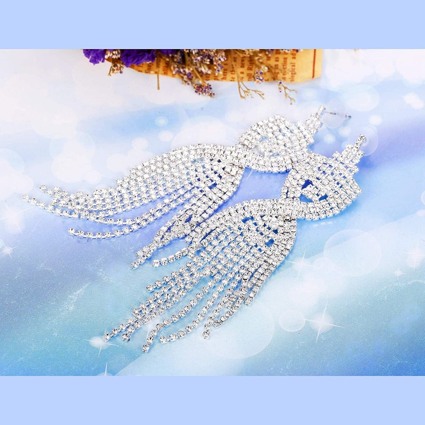 Rhinestone Bridal Jewelry Set for Women Sparkling Rhinestone Stretch Bracelet Ring Dangle Tassel Earrings Set Costume Jewelry