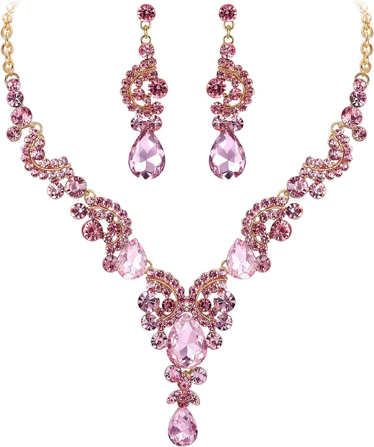 Rhinestone Crystal Bridal Floral Wave Teardrop Necklace Earrings Set 20_Pink Gold-Tone