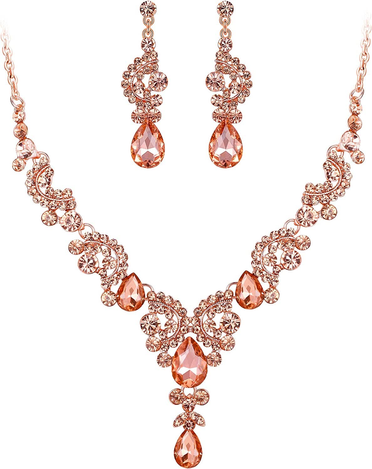 Rhinestone Crystal Bridal Floral Wave Teardrop Necklace Earrings Set 16_Champagne Color Gold-Tone