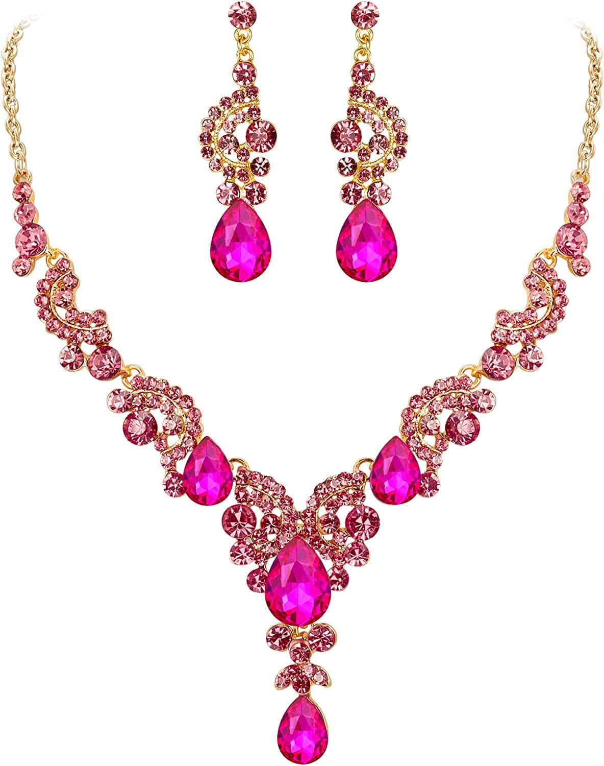 Rhinestone Crystal Bridal Floral Wave Teardrop Necklace Earrings Set 23_Fuchsia Gold-Tone