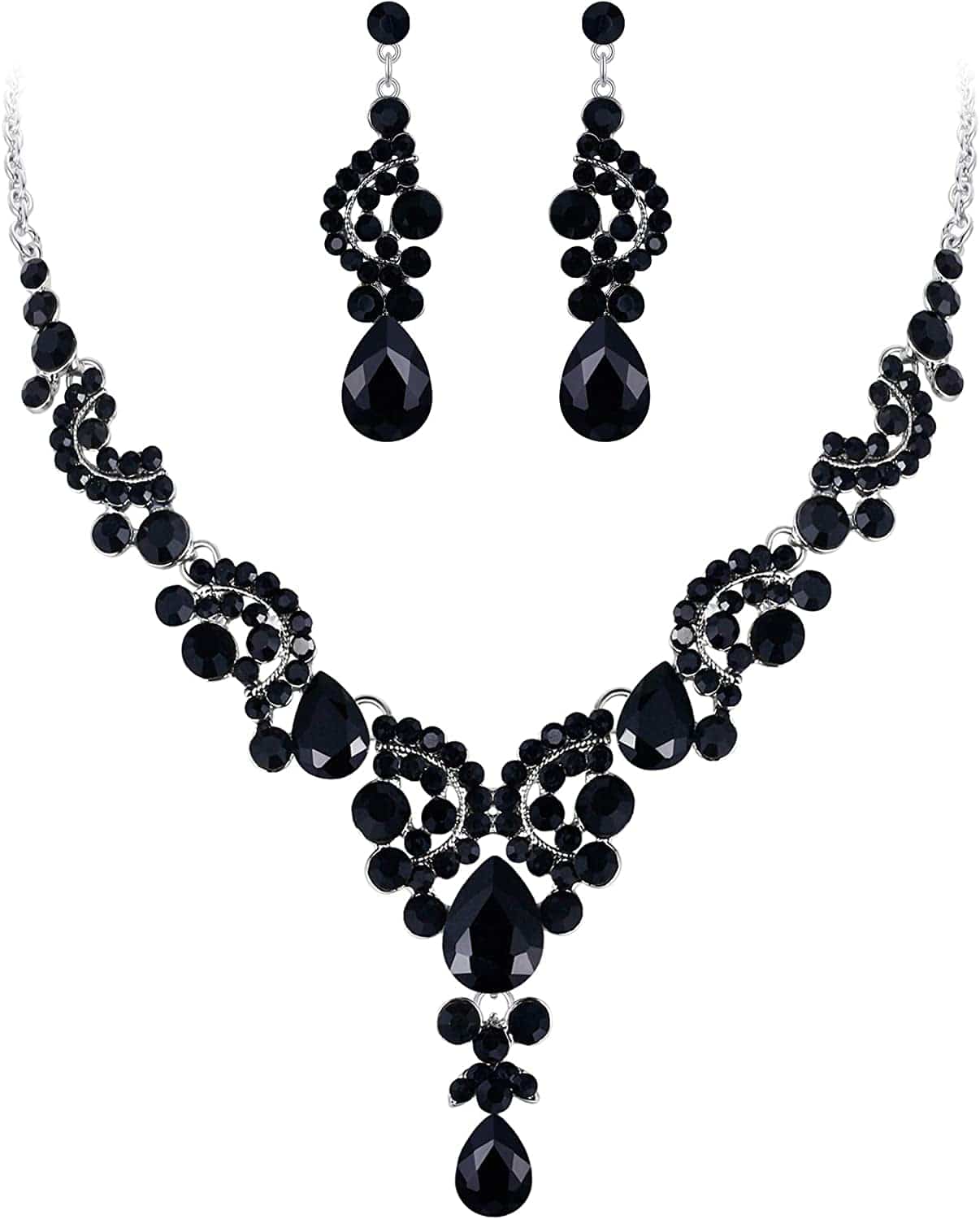 Rhinestone Crystal Bridal Floral Wave Teardrop Necklace Earrings Set 19_Black Silver-Tone