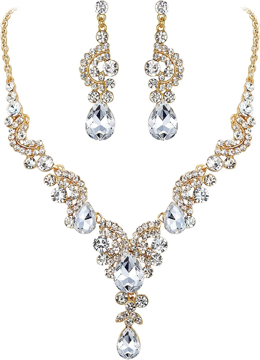 Rhinestone Crystal Bridal Floral Wave Teardrop Necklace Earrings Set 22_Clear Gold-Tone