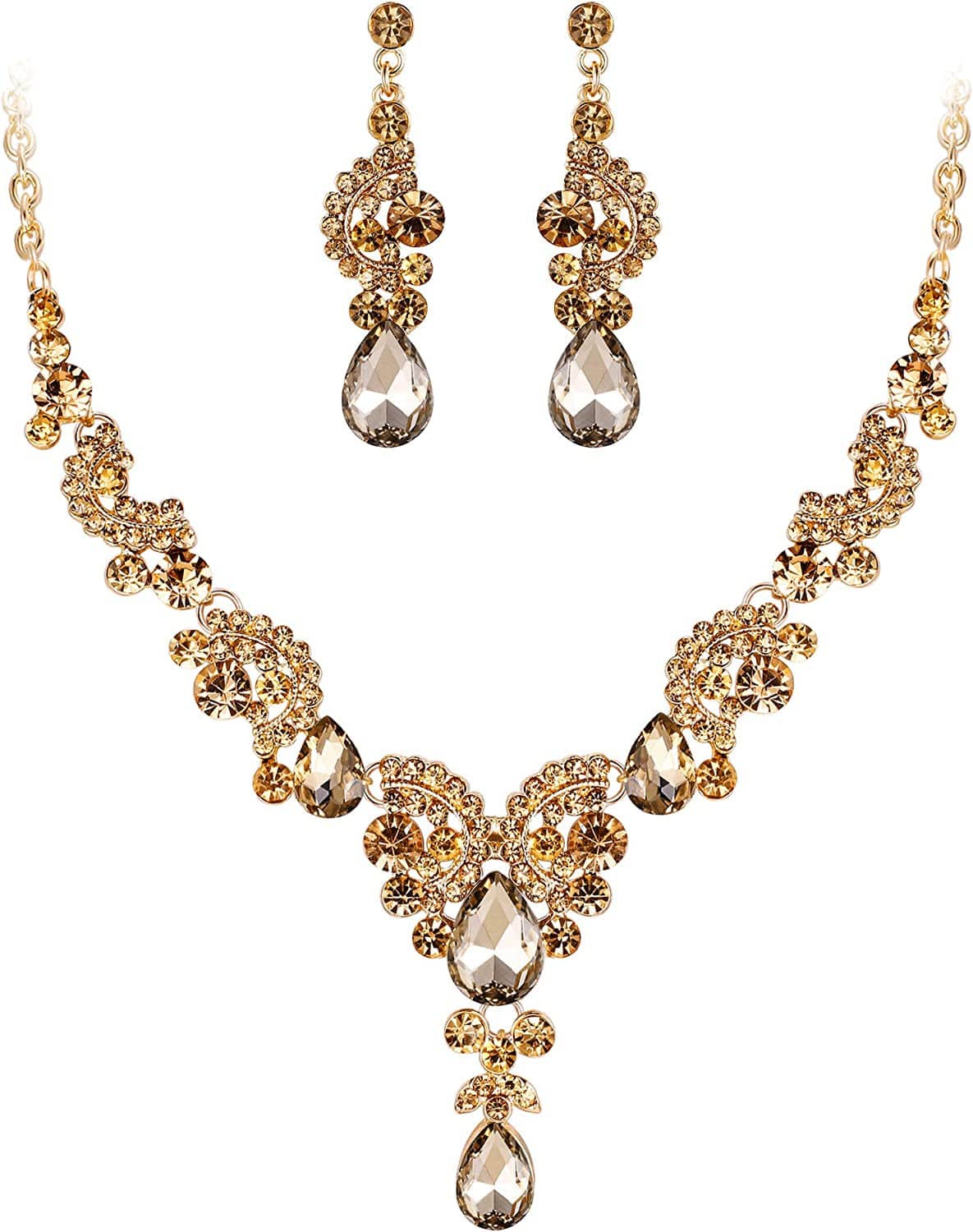 Rhinestone Crystal Bridal Floral Wave Teardrop Necklace Earrings Set 17_Brown Gold-Tone