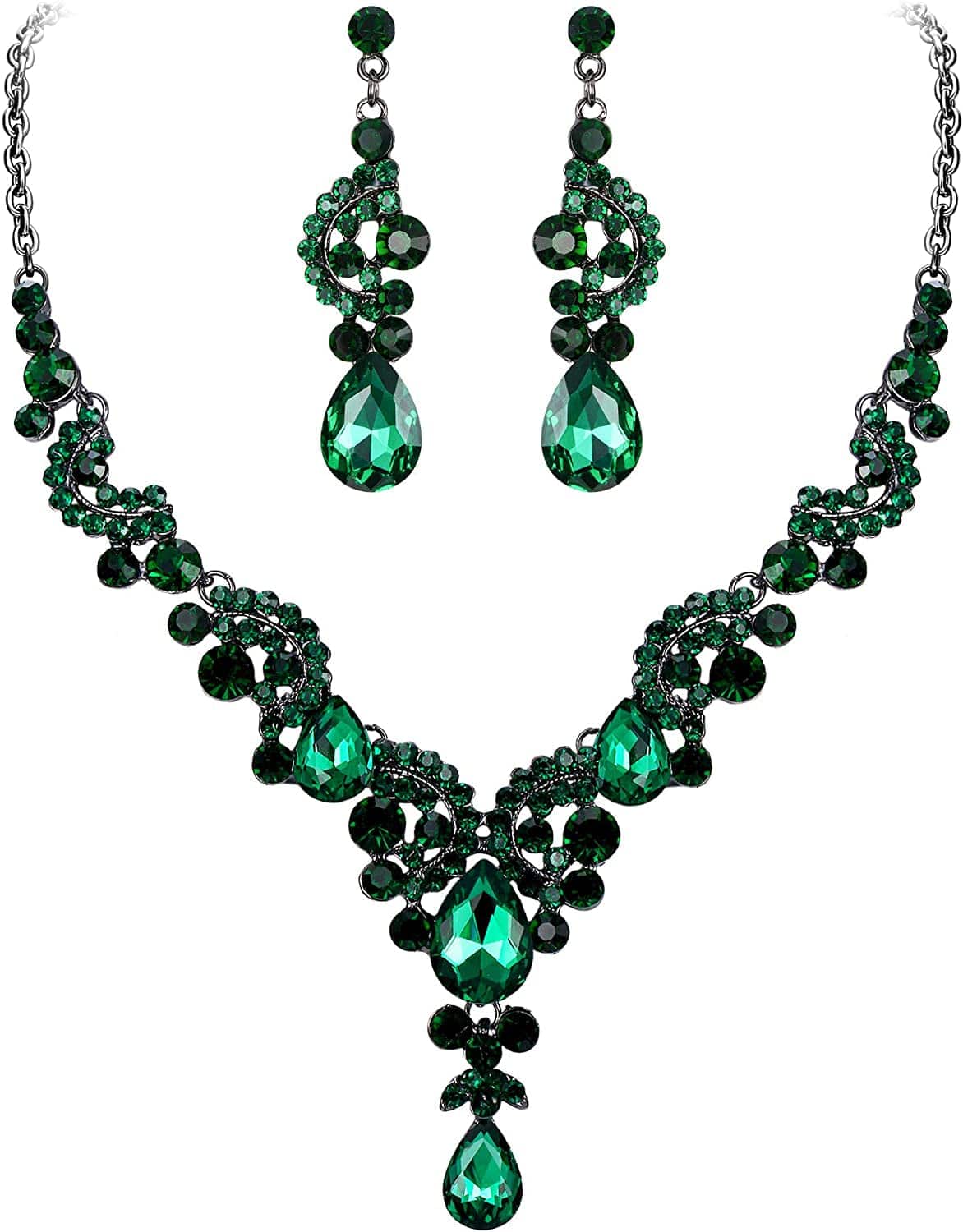 Rhinestone Crystal Bridal Floral Wave Teardrop Necklace Earrings Set 14_Green Black-Tone
