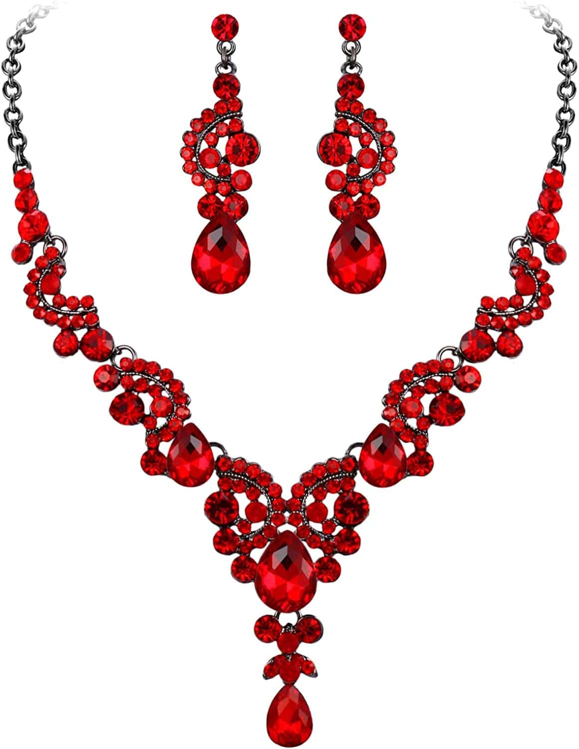 Rhinestone Crystal Bridal Floral Wave Teardrop Necklace Earrings Set 18_Red Black-Tone