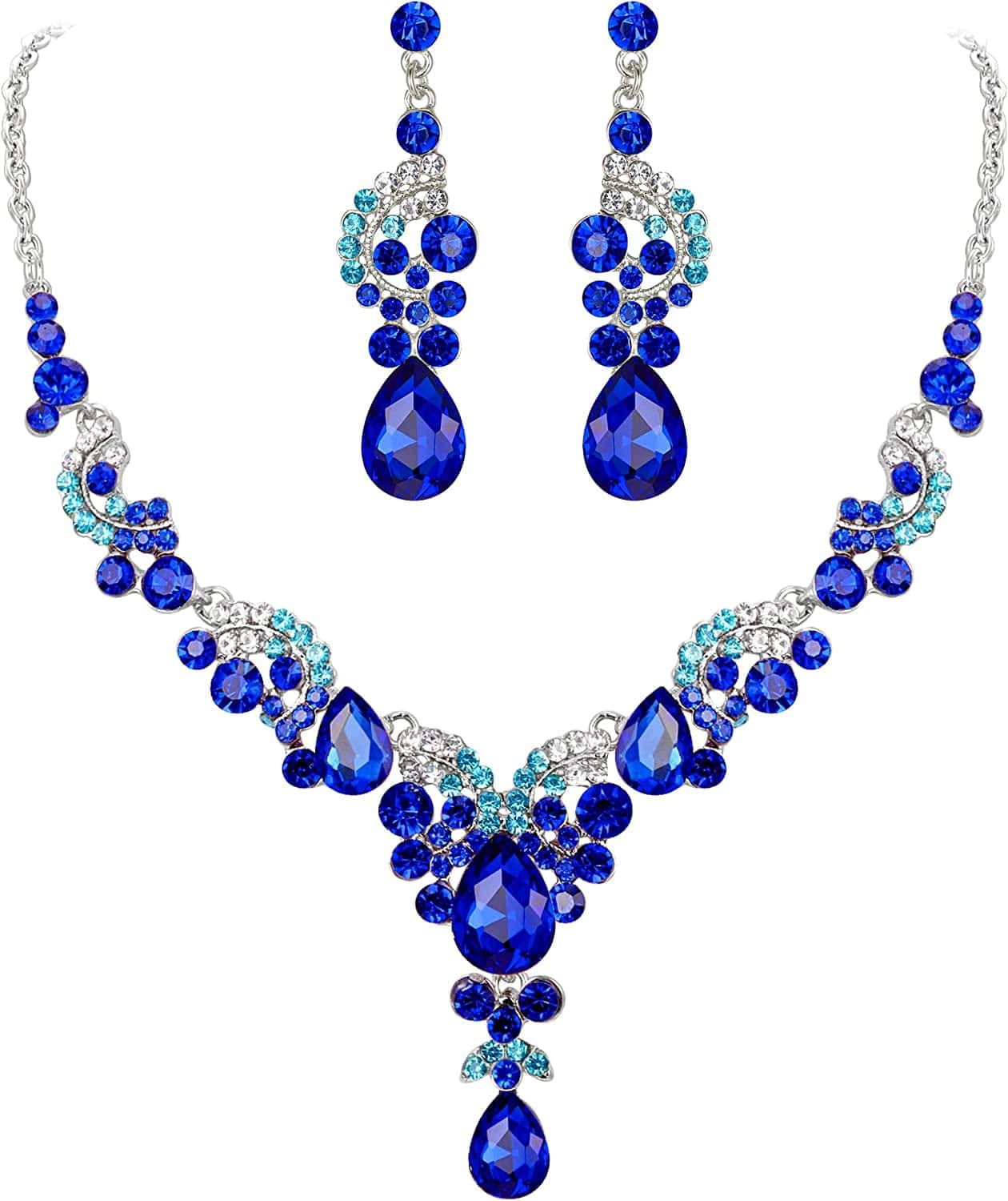 Rhinestone Crystal Bridal Floral Wave Teardrop Necklace Earrings Set 8_Royal Blue Silver-Tone