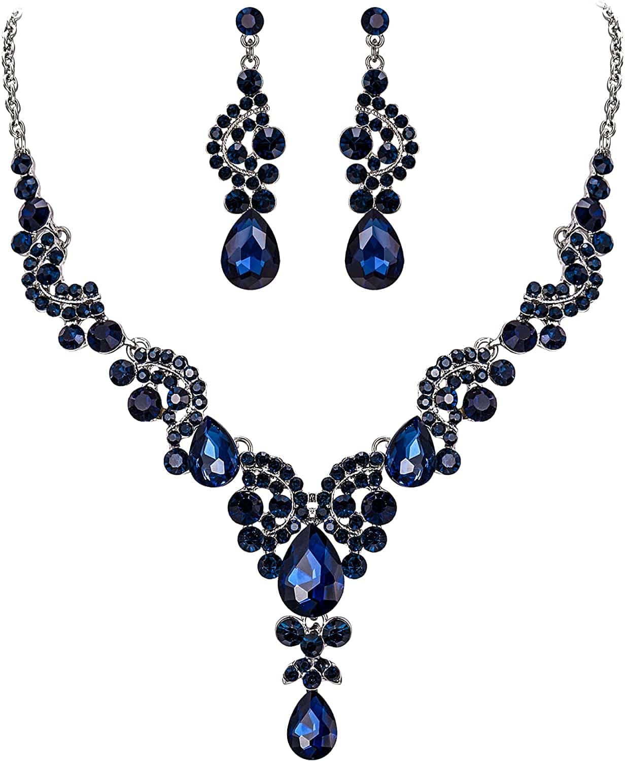 Rhinestone Crystal Bridal Floral Wave Teardrop Necklace Earrings Set 7_Sapphire Color Silver-Tone