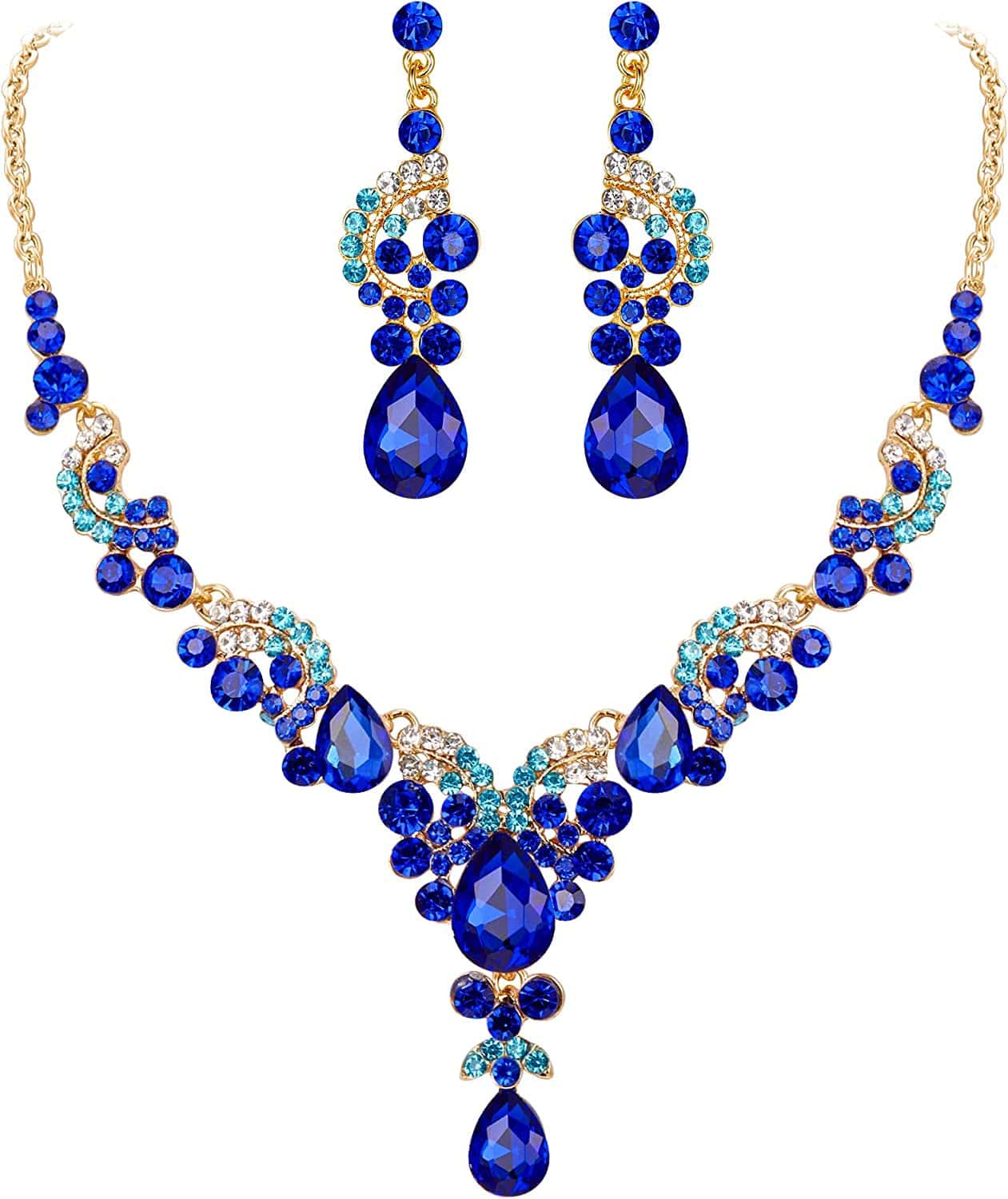 Rhinestone Crystal Bridal Floral Wave Teardrop Necklace Earrings Set 6_Royal Blue Gold-Tone