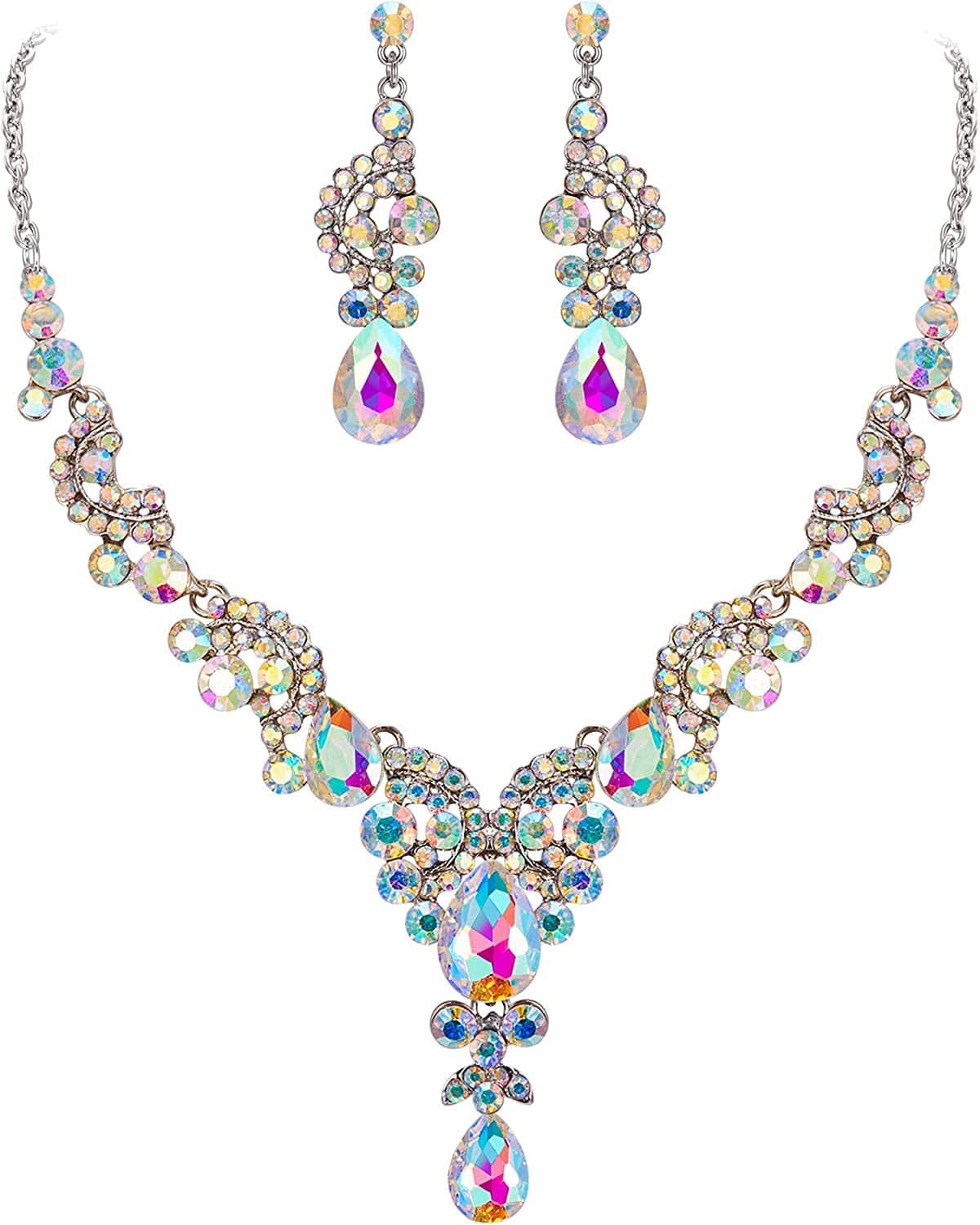Rhinestone Crystal Bridal Floral Wave Teardrop Necklace Earrings Set 5_Iridescent Clear AB Silver-Tone