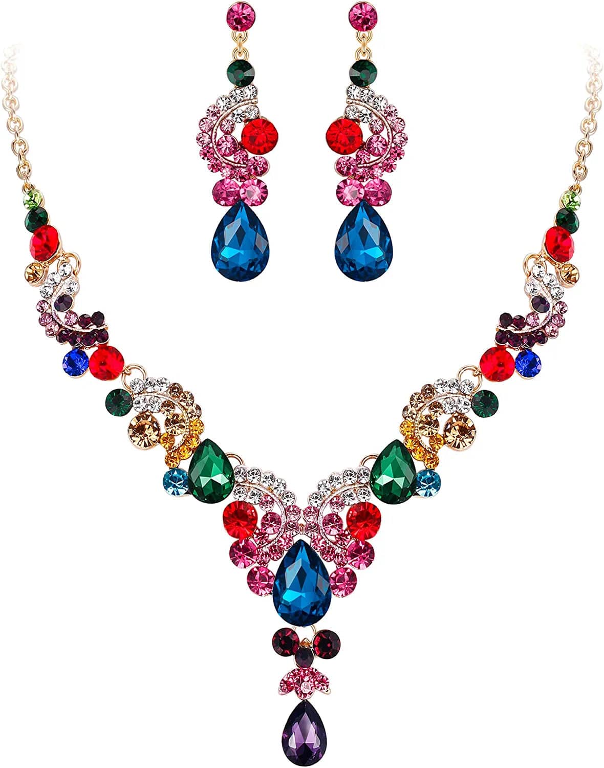 Rhinestone Crystal Bridal Floral Wave Teardrop Necklace Earrings Set 2_Multicolor Gold-Tone